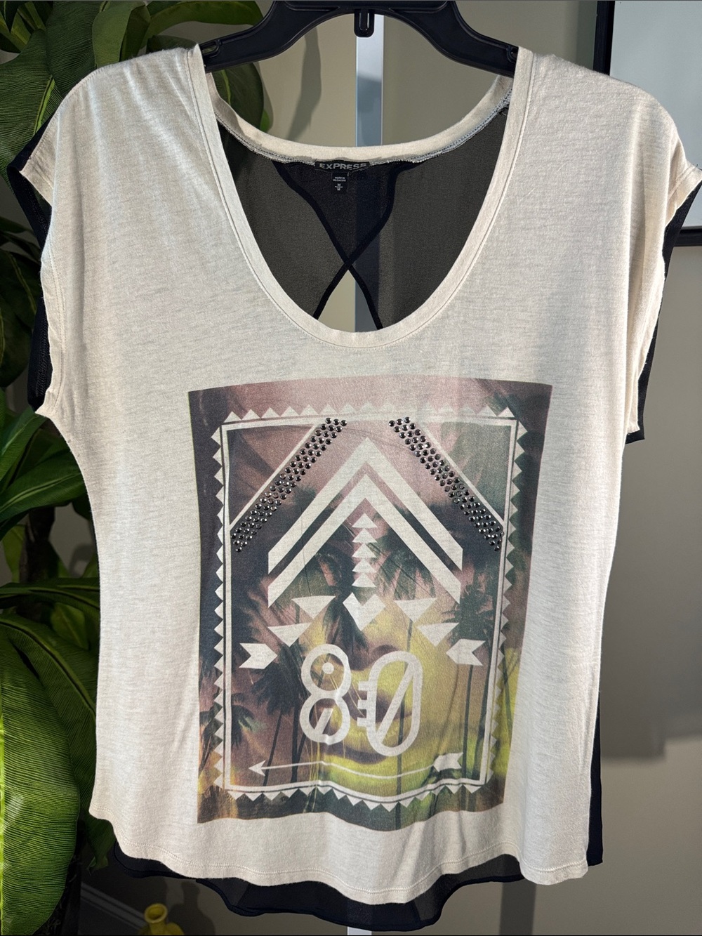 Express Women's Cream Graphic Tee with Black Back open/ sheer size M